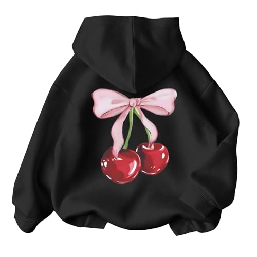 Tuislay Cute Cherry Hoodie For Girls Bow Graphic Hoodies Kids Long Sleeve Hooded Sweatshirt Preppy Coquette Clothes Pullover