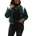Fooullaide Womens Croped Bomber Long Sleeve Button Down Varsity Jacket