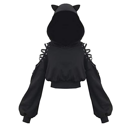 Women Cat Ear Hoodies Long Sleeve Off Shoulder Cute Crop Top Pullover Hoodie Sweatshirt