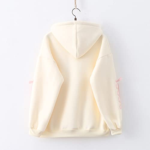 Kawaii Bunny Hoodie Teens Lolita Hooded Sweatshirt Casual Cute Lace Up Sleeve Cartoon Print Pullover Top (Beige)