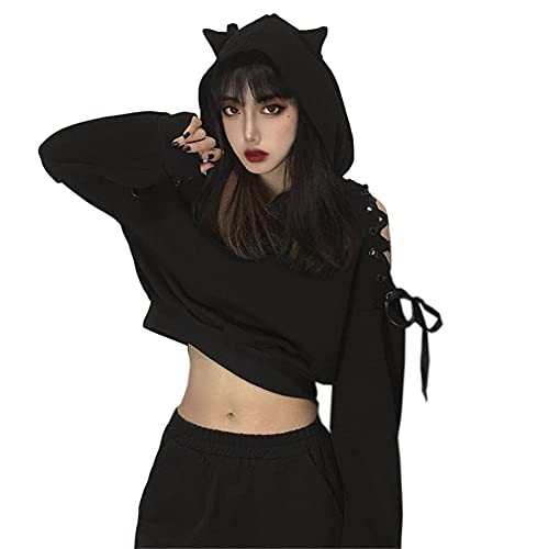 Women Cat Ear Hoodies Long Sleeve Off Shoulder Cute Crop Top Pullover Hoodie Sweatshirt