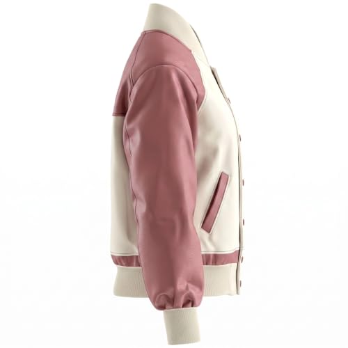 Women's Genuine Sheepskin Leather Jacket Cream Pink Color Block Baseball Bomber Coat Snap Buttons