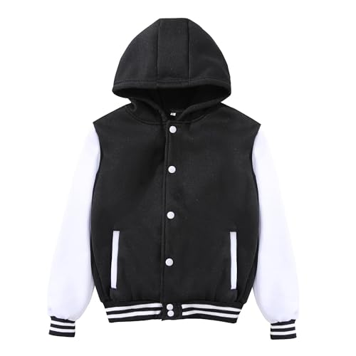 Kids Baseball Jackets Boys and Girls Fit Varsity Jacket Hooded Button Casual Lightweight Plain Cardigan School Coat