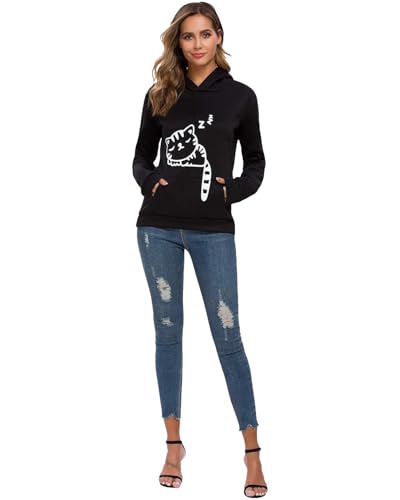 Women Teen Girls Hoodie Sweatshirt With Cute Cat Ear and Sleeping Cat Printed Pullover