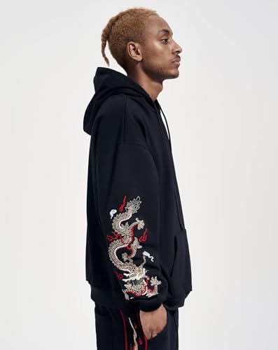 Niepce Inc Streetwear Men's Dragon Embroidered Heavyweight Graphic Hoodies