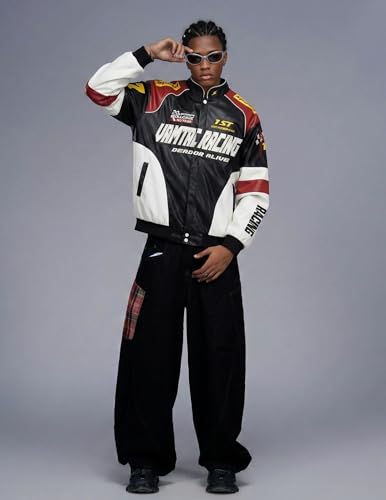 Vamtac Mens Racing Jackets Oversized Vintage Leather Bomber Jacket Baseball Racer Varsity Coats Streetwear