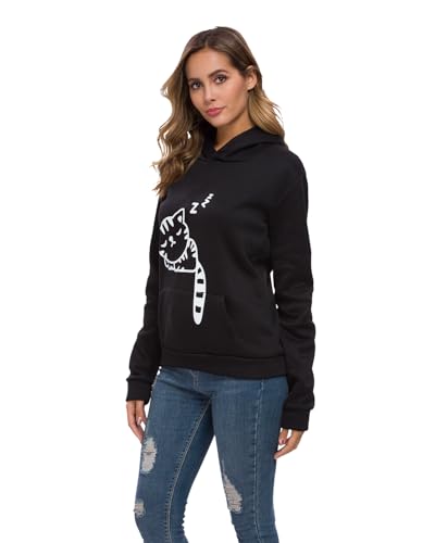 Women Teen Girls Hoodie Sweatshirt With Cute Cat Ear and Sleeping Cat Printed Pullover