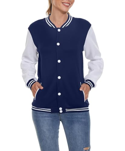 ACEFAST INC Women's Varsity Jacket Baseball Uniform Casual Long Sleeve Sport Bomber Jacket Coat