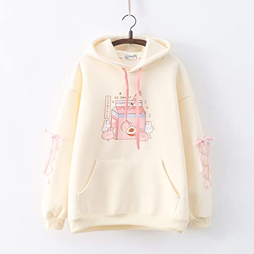 Kawaii Bunny Hoodie Teens Lolita Hooded Sweatshirt Casual Cute Lace Up Sleeve Cartoon Print Pullover Top (Beige)
