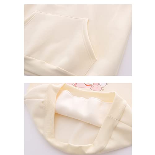 Kawaii Bunny Hoodie Teens Lolita Hooded Sweatshirt Casual Cute Lace Up Sleeve Cartoon Print Pullover Top (Beige)