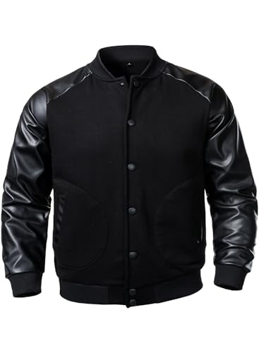 FANARCHER Men's Varsity Baseball Jacket Cotton Blend Letterman Jacket with Faux Leather Sleeve Bomber Coat