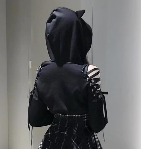 Dolpind Womens Cat Ear Hoodie Sweatshirt Long Sleeve Sweater Off Shoulder Cat Cute Crop Top Hoodies Pullover