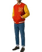 Red Wool Yellow Faux Leather Varsity Letterman Bomber Jacket