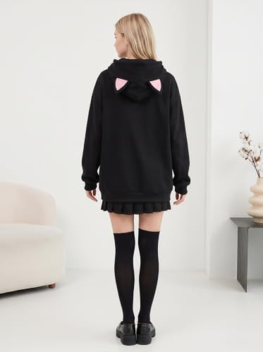 Women's Kawaii Cat Ear Hoodie Y2K Anime Paw Print Oversized Sweatshirt