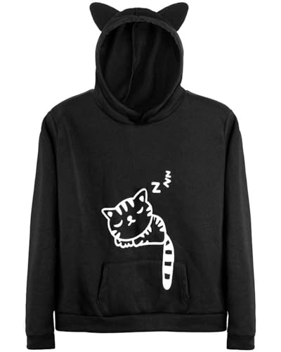 Women Teen Girls Hoodie Sweatshirt With Cute Cat Ear and Sleeping Cat Printed Pullover