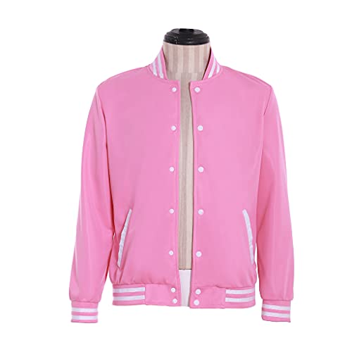 Men's Pink Baseball Jacket Button up Varsity Coat School Uniform Sportswear Casual Top