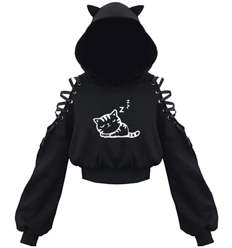 Dolpind Womens Cat Ear Hoodie Sweatshirt Long Sleeve Sweater Off Shoulder Cat Cute Crop Top Hoodies Pullover