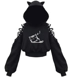 Dolpind Womens Cat Ear Hoodie Sweatshirt Long Sleeve Sweater Off Shoulder Cat Cute Crop Top Hoodies Pullover