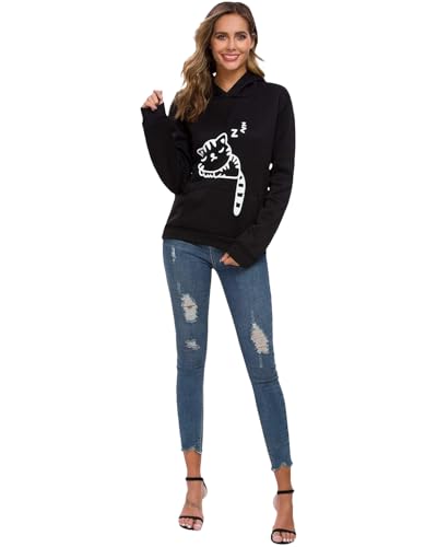 Women Teen Girls Hoodie Sweatshirt With Cute Cat Ear and Sleeping Cat Printed Pullover