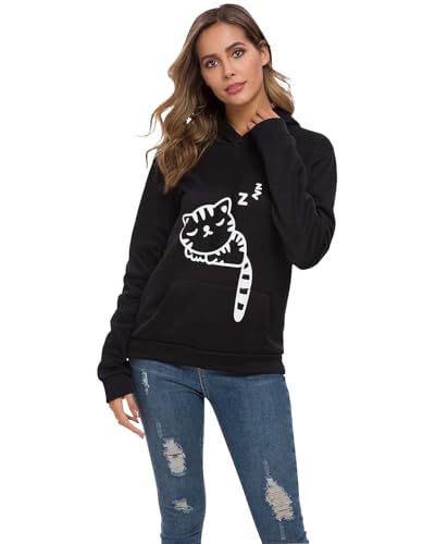 Women Teen Girls Hoodie Sweatshirt With Cute Cat Ear and Sleeping Cat Printed Pullover