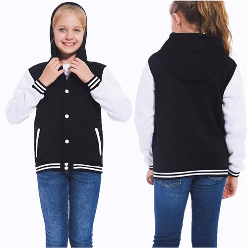 Kids Baseball Jackets Boys and Girls Fit Varsity Jacket Hooded Button Casual Lightweight Plain Cardigan School Coat