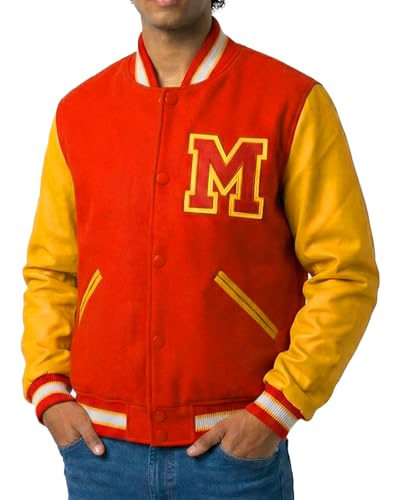 Red Wool Yellow Faux Leather Varsity Letterman Bomber Jacket