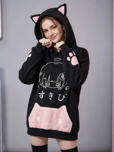 Women's Kawaii Cat Ear Hoodie Y2K Anime Paw Print Oversized Sweatshirt