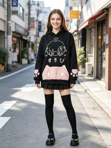 Women's Kawaii Cat Ear Hoodie Y2K Anime Paw Print Oversized Sweatshirt