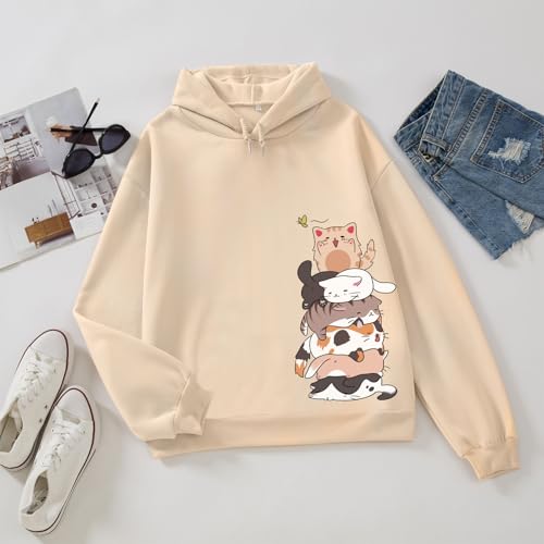 Tuislay Cute Cat Graphic Hoodies For Teens Kawaii Anime Print Hoodie Women Funny Cartoon Printed Hooded Sweatshirt Pullover