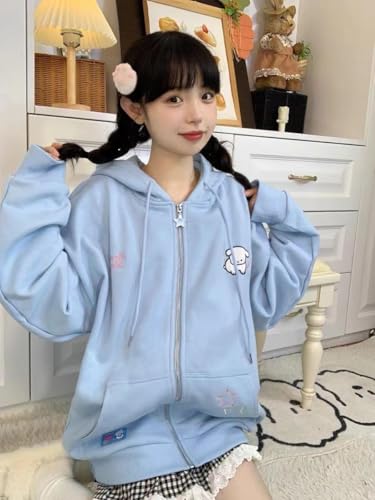 Kawaii Zip Up Hoodie Women Cartoon Embroidery Oversized Harajuku Hooded Top