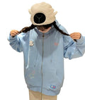 Kawaii Zip Up Hoodie Women Cartoon Embroidery Oversized Harajuku Hooded Top