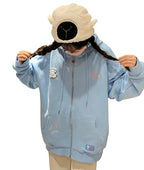 Kawaii Zip Up Hoodie Women Cartoon Embroidery Oversized Harajuku Hooded Top