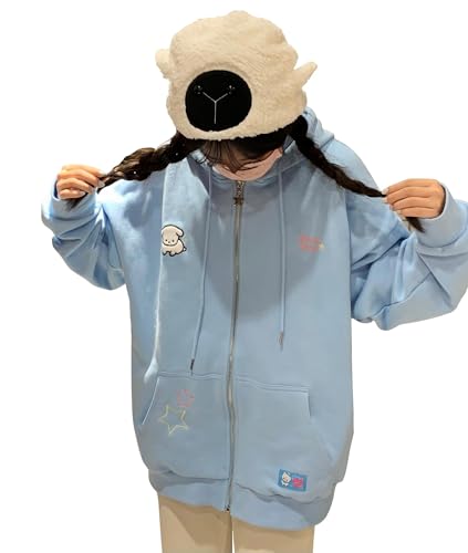 Kawaii Zip Up Hoodie Women Cartoon Embroidery Oversized Harajuku Hooded Top