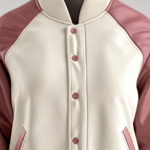 Women's Genuine Sheepskin Leather Jacket Cream Pink Color Block Baseball Bomber Coat Snap Buttons