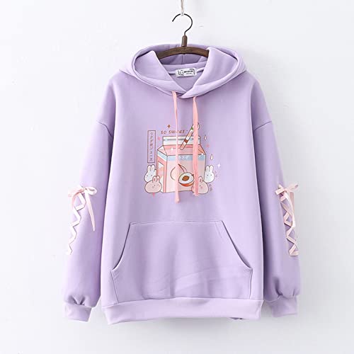 Kawaii Bunny Hoodie Teens Lolita Hooded Sweatshirt Casual Cute Lace Up Sleeve Cartoon Print Pullover Top (Purple)