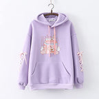 Kawaii Bunny Hoodie Teens Lolita Hooded Sweatshirt Casual Cute Lace Up Sleeve Cartoon Print Pullover Top (Purple)
