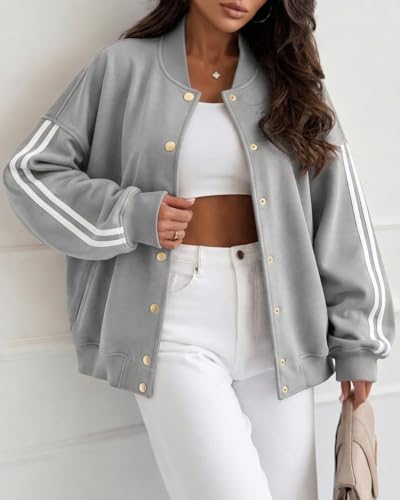 CHICME Women's Button Down Bomber Jackets Casual Long Sleeve Loose Jacket