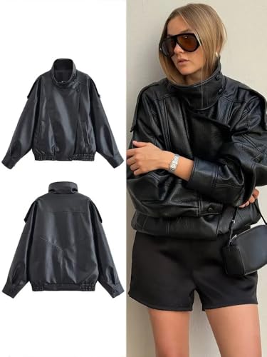 Molilove Women's Leather Jacket Casual Fall Zip Up Jacket Racer Varsity Jackets Biker Motor Coat Outwear