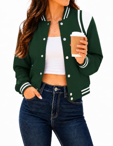 Women's Varsity Bomber Jacket Short Button Down with Pockets