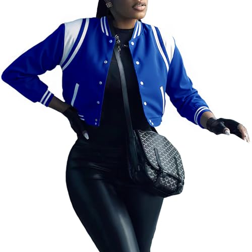 Womens Cropped Bomber Jacket Long Sleeve Button Varsity Outerwear