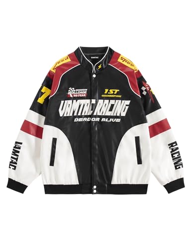 Vamtac Mens Racing Jackets Oversized Vintage Leather Bomber Jacket Baseball Racer Varsity Coats Streetwear
