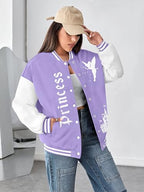 LUKYCILD Women Varsity Jacket Magic Kingdom Shirts Castle Graphic Tops Button Down Jacket Casual Holiday Coats