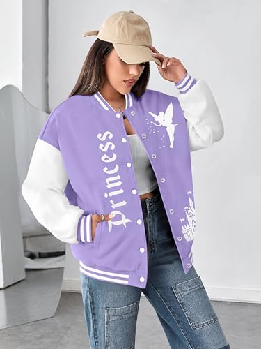 LUKYCILD Women Varsity Jacket Magic Kingdom Shirts Castle Graphic Tops Button Down Jacket Casual Holiday Coats