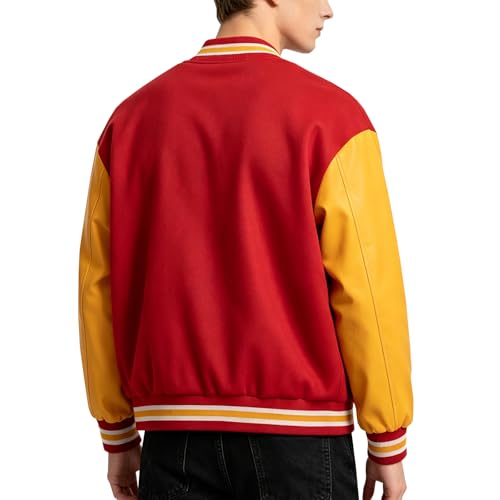 Varsity Letterman Bomber Jacket Red and Yellow PU Leather Sleeves