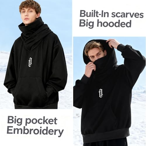 Men's Fleece Double Neckline Hoodie with Face Mask Techwear
