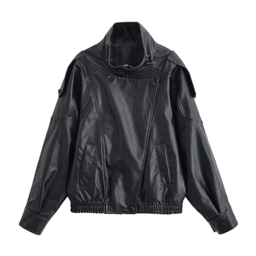 THLAI Black Jacket for Women Faux Leather Coat with Lychee Texture Stand-Up Collar & Long Sleeves Casual Outerwear