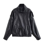 THLAI Black Jacket for Women Faux Leather Coat with Lychee Texture Stand-Up Collar & Long Sleeves Casual Outerwear