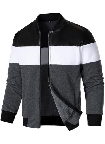 FANARCHER Mens Lightweight Bomber Jacket Casual Zipper Coat Color Block with Faux Leather Varsity Jacket