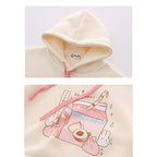 Kawaii Bunny Hoodie Teens Lolita Hooded Sweatshirt Casual Cute Lace Up Sleeve Cartoon Print Pullover Top (Beige)
