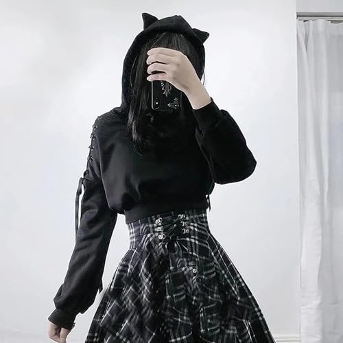 Dolpind Womens Cat Ear Hoodie Sweatshirt Long Sleeve Sweater Off Shoulder Cat Cute Crop Top Hoodies Pullover